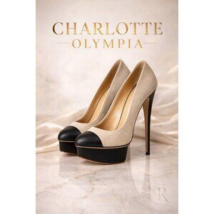 Charlotte Olympia Monacoco Platform Pumps Linen Black Cap Toe Heel US 8.5M EU38.